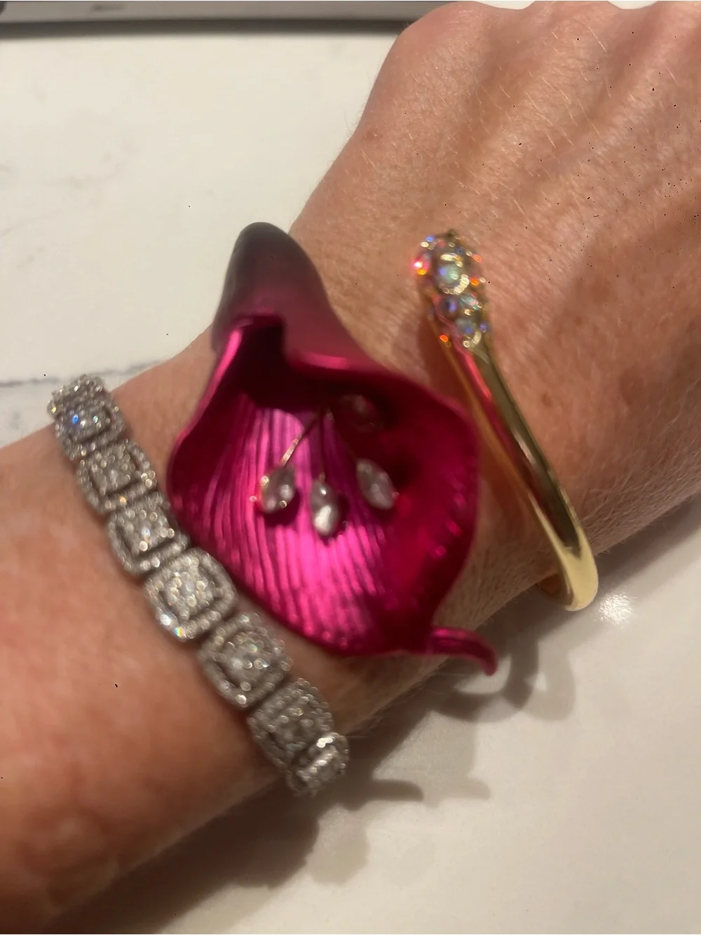 Betsey Johnson Red Calla Lily Flower Hinged Cuff Bracelet Crystal Gold Tone NWT